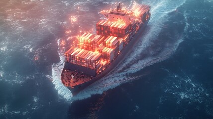 Large container ship sailing on a stormy sea at sunset.