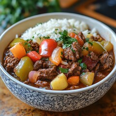 Delicious beef stew with rice, bell peppers, and potatoes in a rustic bowl. Perfect for a hearty meal.