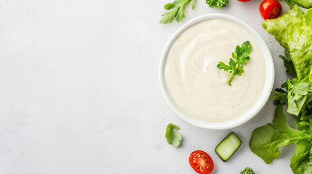 Creamy Ranch Dressing with Fresh Veggies:  A bowl of creamy ranch dressing sits on a white background, surrounded by fresh, vibrant vegetables. This image is perfect for illustrating healthy eating.