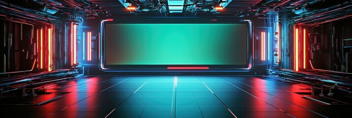 Obraz premium Futuristic interior, empty warehouse, large green screen, neon lighting, red and blue glow, industrial space, dark atmosphere, cyberpunk aesthetics, high contrast, reflective floor, minimalist set des