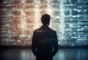 computer surrounded ai. generative tech person high technology