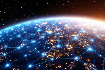 A glowing global network visualization with blue interconnected nodes over Earth's illuminated surface, in outer space, symbolizing connectivity. Ai generative