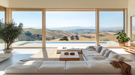 Fototapeta premium Modern living room with scenic view countryside interior design