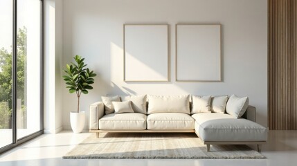 Modern Minimalist Living Room Interior Design with Neutral Color Palette and Natural Light Featuring a Sectional Sofa, Area Rug, and Two Empty Frames