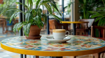 Fototapeta premium Cozy Cafe Setting with Decorative Table and Plant Emphasizing Relaxation and Warmth in a Bright Environment
