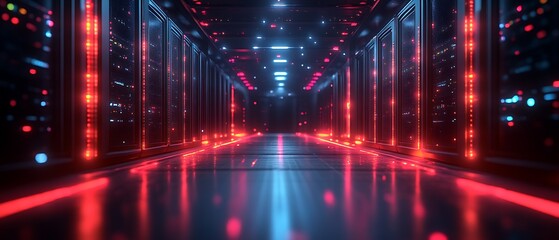 Futuristic server room corridor with red and blue neon lights.