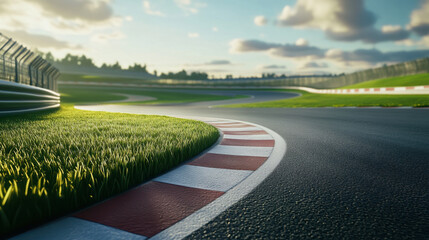 winding race track with lush green grass and clear sky, showcasing beauty of motorsport. smooth asphalt curves invite thrilling speed and excitement