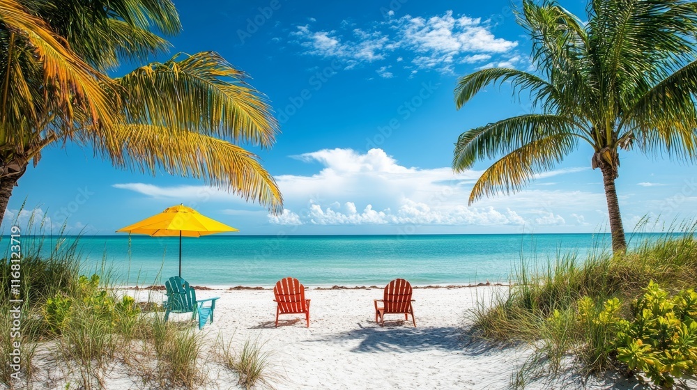 Wall mural with a wide angle view of tranquil beach horizon, vibrant colors