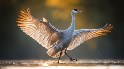 Fototapeta premium Sandhill crane in golden sunrise, wings outstretched, dancing on water.