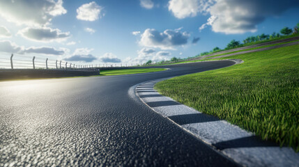 Fototapeta premium winding race track surrounded by lush green grass under bright blue sky, showcasing scenic view of road and vibrant clouds