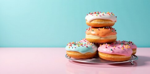 A delightful assortment of iced rings, adorned with colorful sprinkles, arranged on a wire rack against a pastel background.