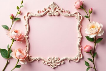 Elegant Ornate Frame Adorned with Delicate Pink Roses on a Soft Pink Background