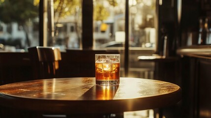 drink on table with aesthetic morning view at bar