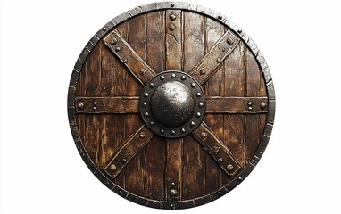 Naklejka premium Old weathered wood shield with metal reinforcement and center.