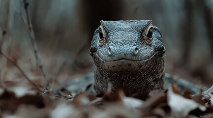Close-up of a monitor lizard in a forest, looking directly at the camera.