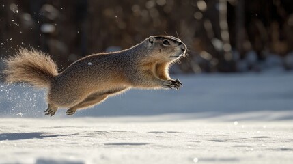 Obraz premium Dynamic Groundhog Running Across Snowy Landscape in Winter