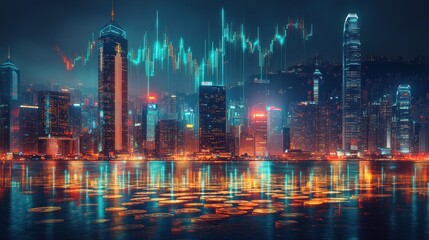 Obraz premium Vibrant city skyline with financial data overlays on water