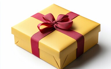 Obraz premium Yellow gift box with red ribbon, isolated.