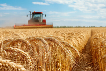 Harvesting wheat in golden field with tractor in background, showcasing beauty of agriculture and rural life under bright blue sky