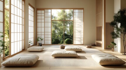 Serene meditation space japanese home interior design calm wide view