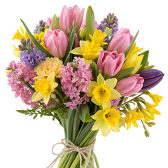 A vibrant bouquet of tulips, daffodils, and hyacinths tied with twine on a white background, symbolizing beauty and freshness