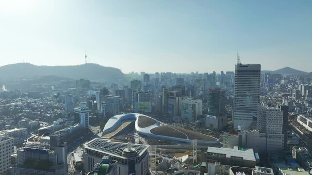 Aerial View of Seoul city in South Korea, Dongdaemun Design Plaza, DDP, Winter