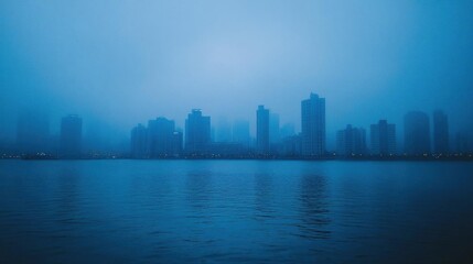 Cityscape at Dawn: Foggy Skyline Over Water