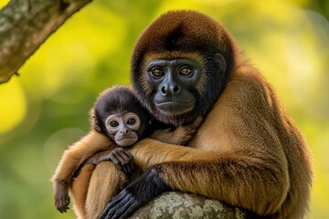Obraz premium A mother spider monkey cradles her baby in a tree.