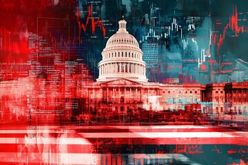 White House with united state of America flag and stock market chart for USA election president related with economy and investment concept.