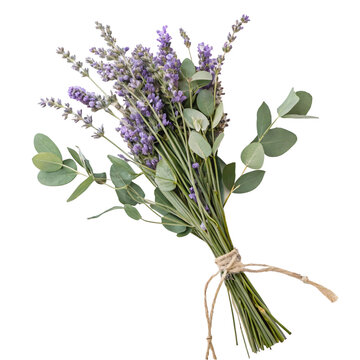 Lavender and eucalyptus bouquet tied with twine, realistic style, on white background. Concept of natural decor and aromatherapy