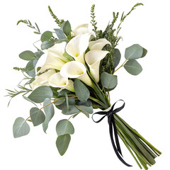 White calla lilies mixed with green foliage tied with a black ribbon, isolated on a white background, symbolizing elegance © Anna