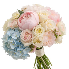Beautiful bouquet of pastel roses, hydrangeas, and peonies tied with ribbon. Photorealistic style, white background. Concept of elegance