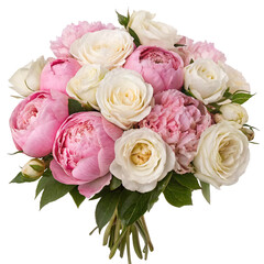 Elegant bouquet of pink and white flowers, including roses and peonies, with green leaves, on a white background, concept of floral beauty