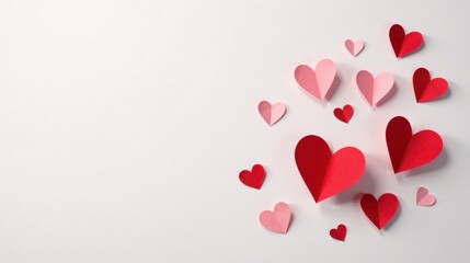 A cluster of pink and red paper hearts on a white background, symbolizing love and affection