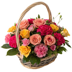 Wicker basket filled with vibrant roses and carnations in pink, yellow, and peach colors, surrounded by green leaves on white