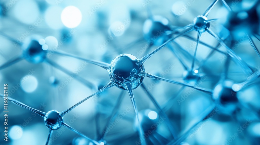 Poster a close-up view of interconnected molecules or atoms, showcasing a blue-themed abstract representati