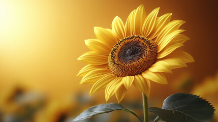 Fototapeta premium vibrant sunflower with bright yellow petals and textured center stands against warm golden background, symbolizing beauty and positivity in nature