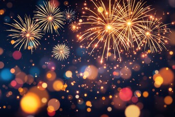 Obraz premium Fireworks burst in colorful patterns with warm glowing light bokeh, against a dark background. Concept of celebration, festivity, joy. Ai generative