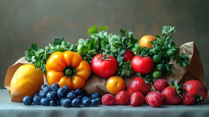Fresh Vegetable and Fruit Arrangement in Brown Paper Bag on Light Gray Background for Healthy Vegan Lifestyle