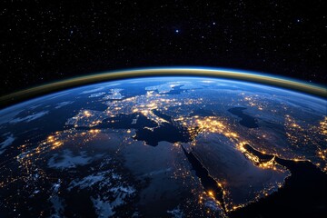 Obraz premium Earth's illuminated cities and continents seen from space, under a starry sky, with glowing atmosphere. Concept of global connectivity and technology. Ai generative