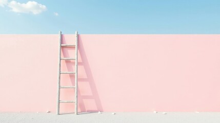 A simple wooden ladder leans against a pale pink wall under a serene sky, suggesting aspiration and the pursuit of goals.