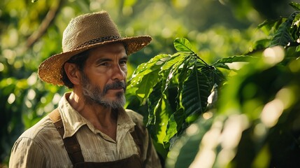 A peaceful farmer in a coffee field surrounded by thriving plants, symbolizing sustainable agriculture.