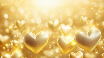 Fototapeta premium A shimmering gold background with embossed heart patterns reflecting light, offering a glamorous and festive Valentine's Day setting.