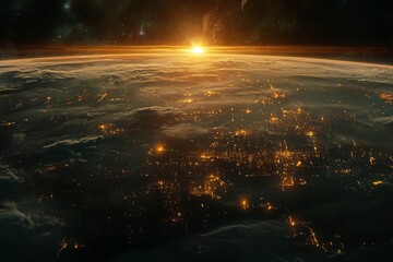 A breathtaking view Earth from space with glowing city lights and the sun rising over the horizon.