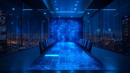 Futuristic conference room with digital world map projection on table.