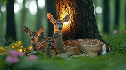 Deer in the woods forest natural beauty concept, A group of four deer resting in a serene forest setting, illuminated softly by warm light emanating from a tree trunk.
