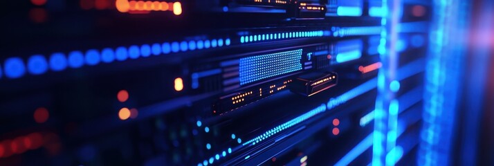 Fototapeta premium Data center, server racks, blue LED lights, network cables, digital technology, futuristic, high-tech infrastructure, glowing, abstract, cybersecurity, information technology, blurred background, dark