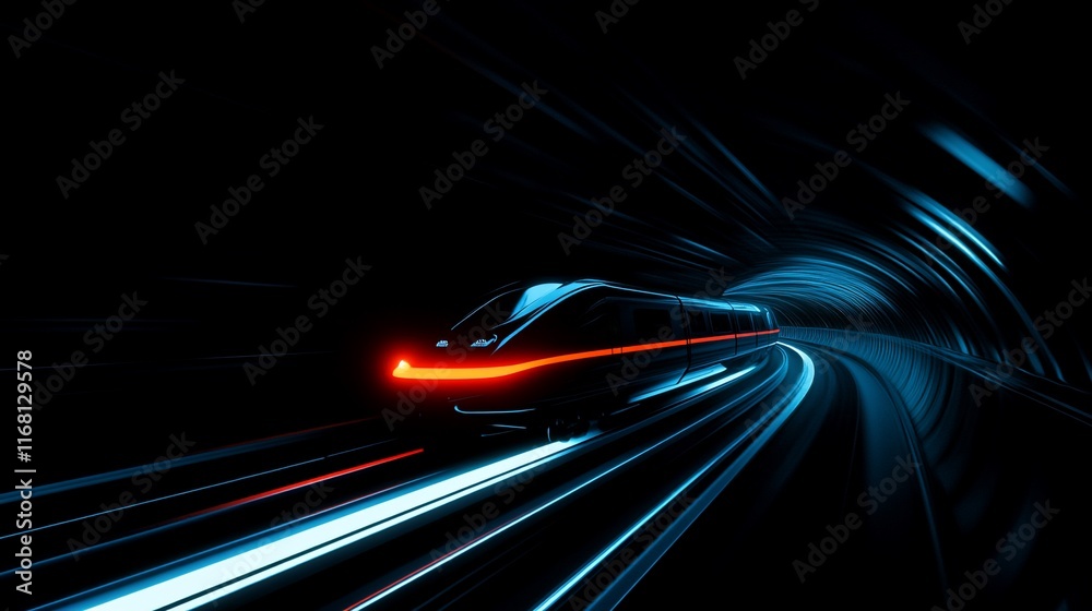 Canvas Prints futuristic high-speed train speeding through a dark tunnel.