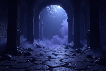 Mysterious moonlit passageway with ancient stone columns and a cobblestone path shrouded in ethereal mist