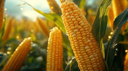 A Close-Up of Golden Yellow Corn Ears in a Field